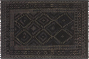 5x6 hand woven Turkish Flat Weave Kilim wool rug in black and blue - Abstract Turkish Frankie