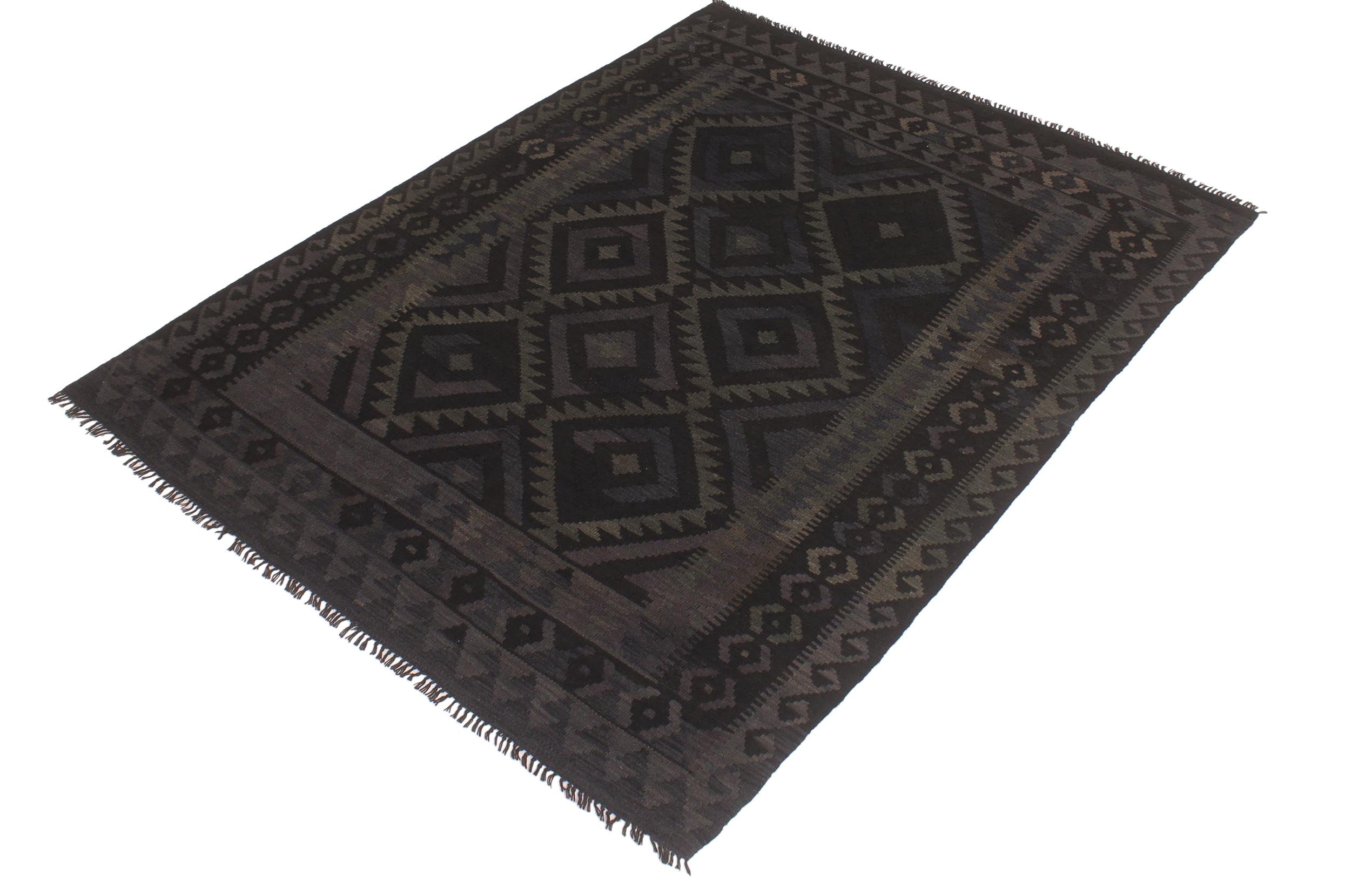handmade Modern Kilim Black Blue Hand-Woven RECTANGLE 100% WOOL area rug 5x6
