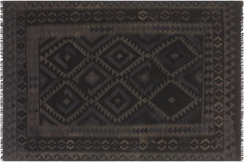 handmade Modern Kilim Black Blue Hand-Woven RECTANGLE 100% WOOL area rug 5x6