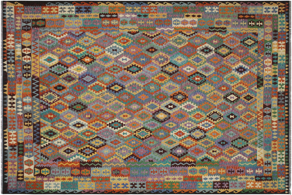 handmade Geometric Kilim Rust Brown Hand-Woven RECTANGLE 100% WOOL area rug 10 x 13