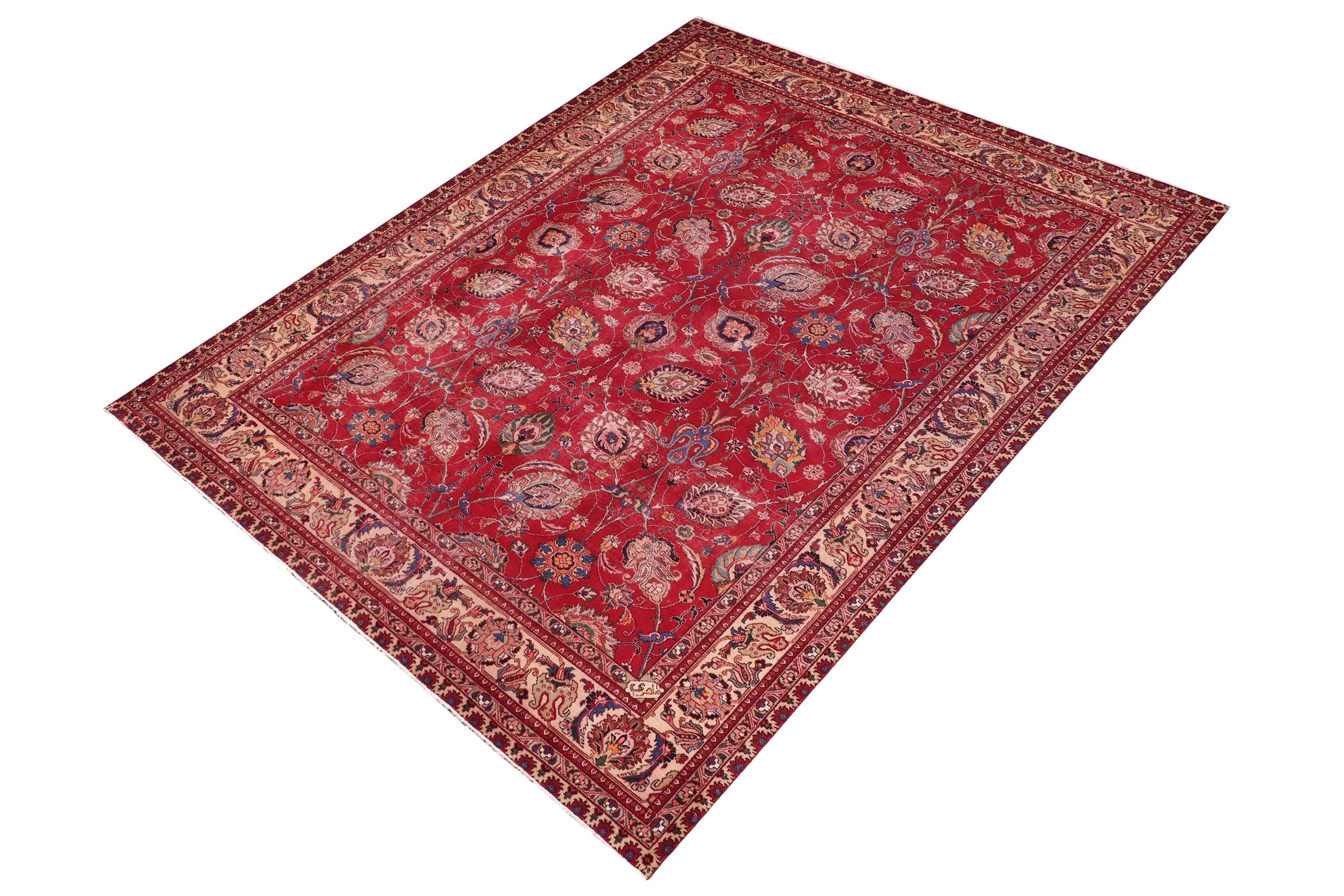 handmade Vintage Antique Red Beige Hand Knotted RECTANGLE 100% WOOL area rug 10' x 13'