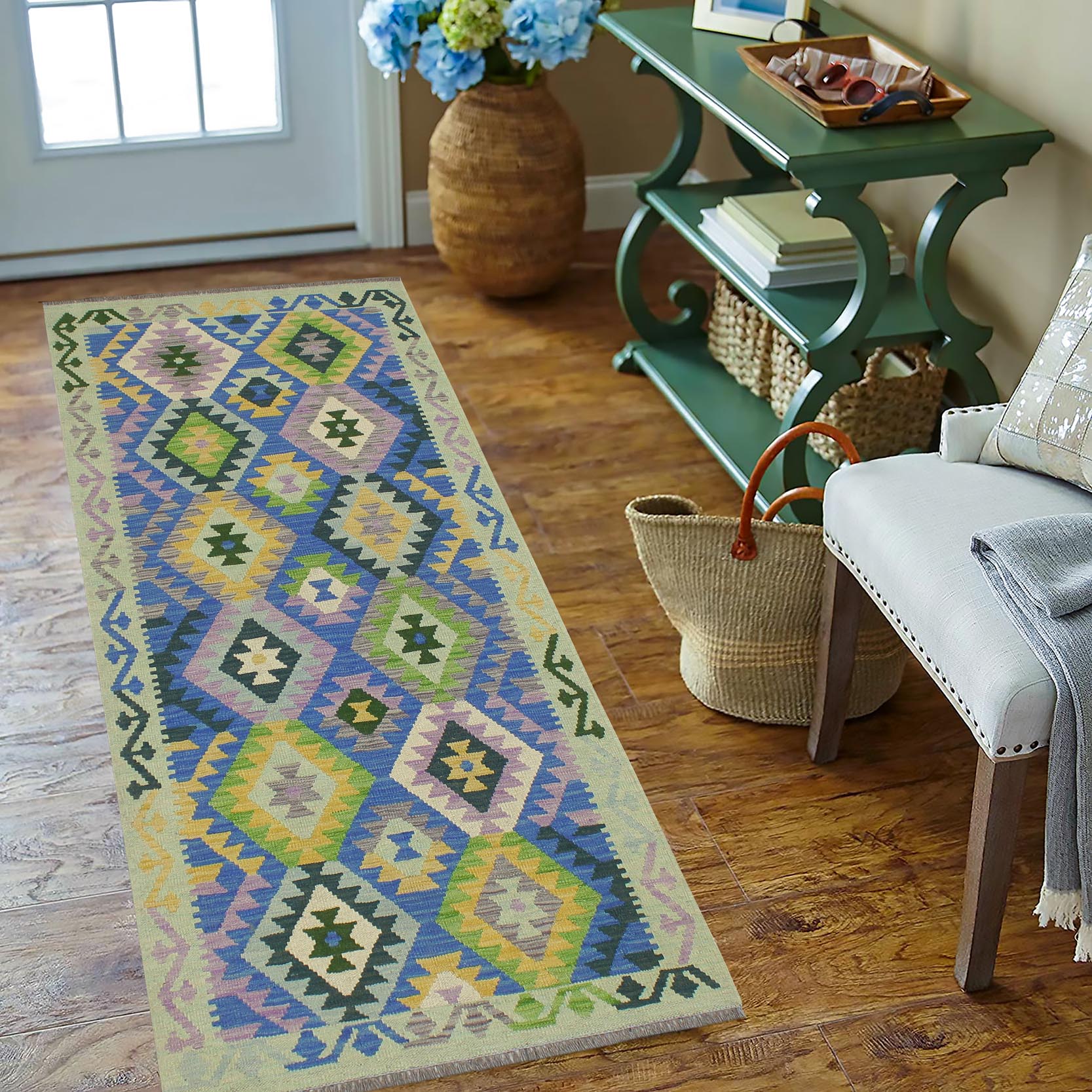 handmade Geometric Kilim Blue Gold Hand-Woven RUNNER 100% WOOL area rug 3 x 6