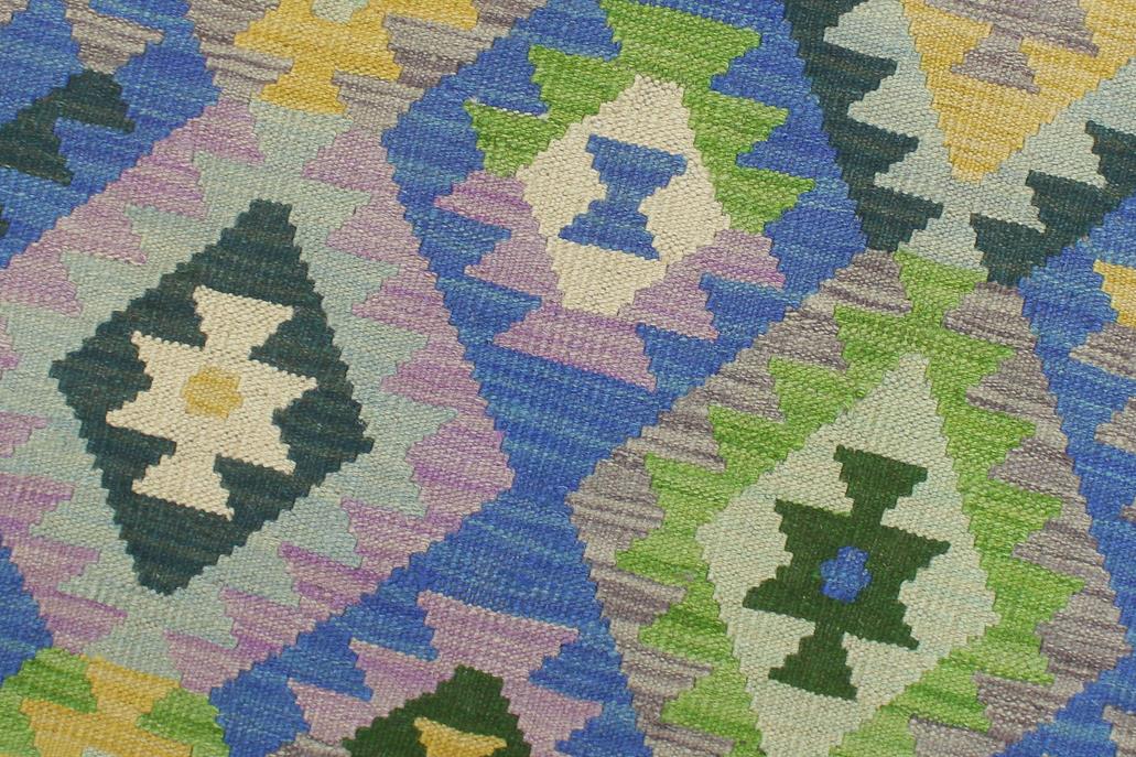 Flat Weave Kilim Antique Navaho Vintage handmade Geometric Kilim Blue Gold Hand-Woven Runner 100% Wool Area Rug 3x6 