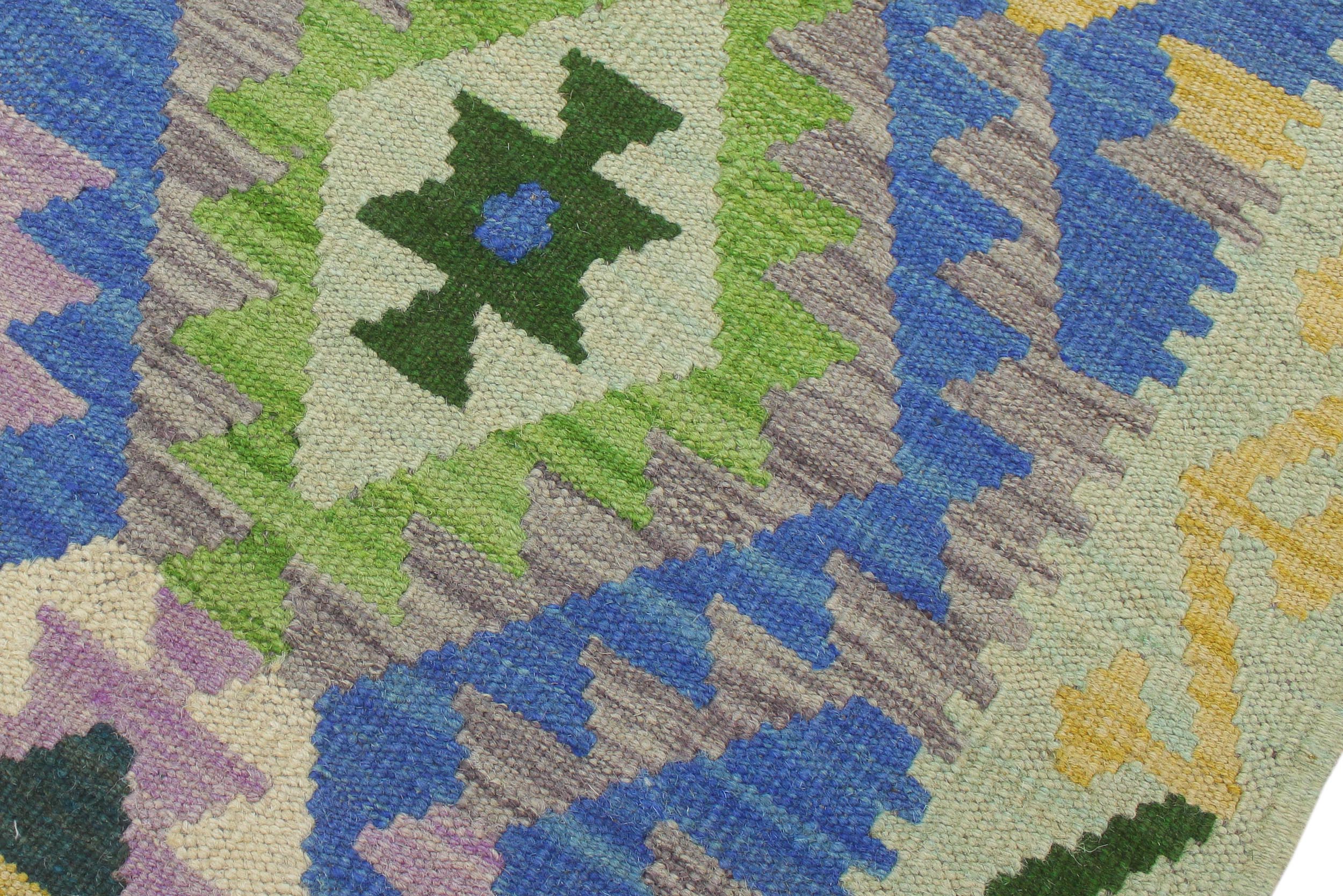handmade Geometric Kilim Blue Gold Hand-Woven RUNNER 100% WOOL area rug 3 x 6