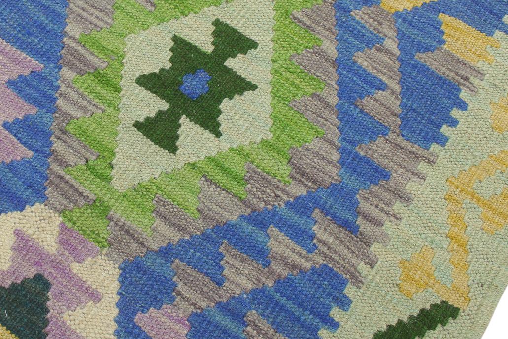 Flat Weave Kilim Antique Navaho Vintage handmade Geometric Kilim Blue Gold Hand-Woven Runner 100% Wool Area Rug 3x6 