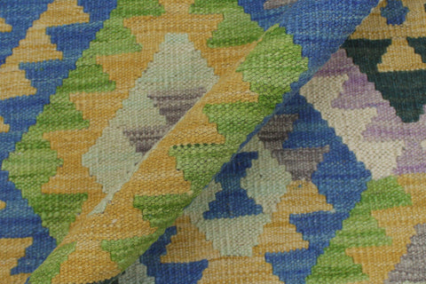 handmade Geometric Kilim Blue Gold Hand-Woven RUNNER 100% WOOL area rug 3 x 6