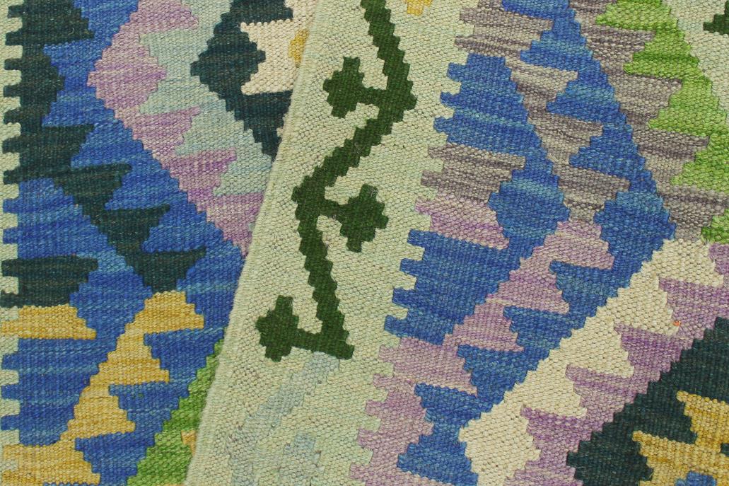 Flat Weave Kilim Antique Navaho Vintage handmade Geometric Kilim Blue Gold Hand-Woven Runner 100% Wool Area Rug 3x6 