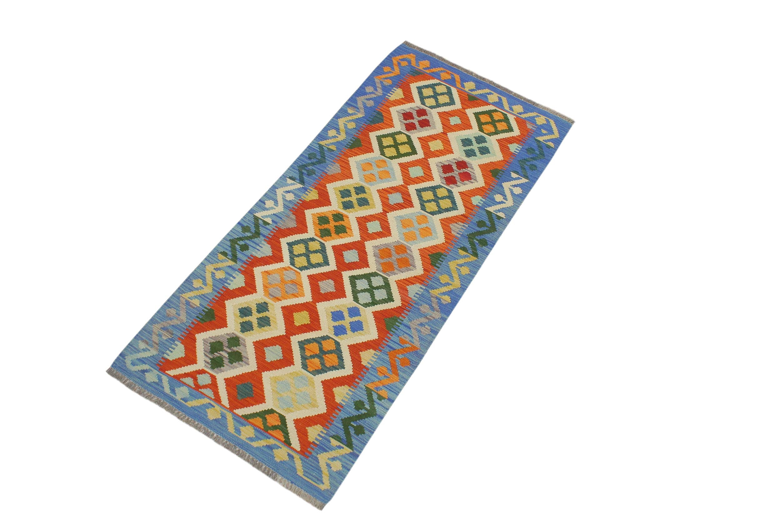 handmade Geometric Kilim Rust Blue Hand-Woven RUNNER 100% WOOL area rug 3 x 6