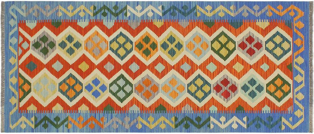 Flat Weave Kilim Antique Navaho Vintage handmade Geometric Kilim Rust Blue Hand-Woven Runner 100% Wool Area Rug 3x6 