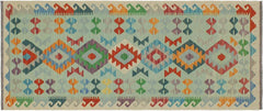 Flat Weave Kilim Antique Navaho Vintage handmade Geometric Kilim Blue Beige Hand-Woven Runner 100% Wool Area Rug 3x7 