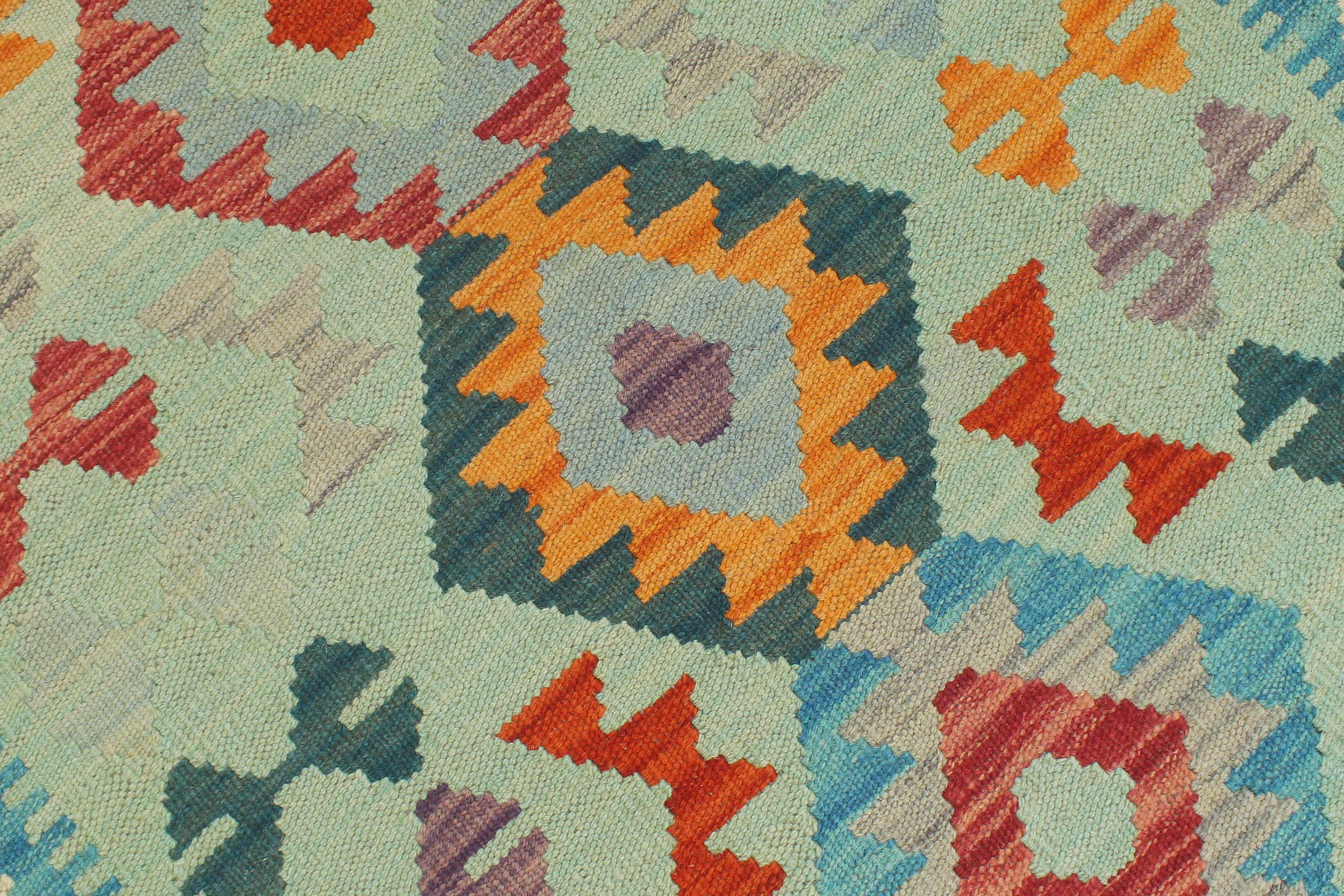 handmade Geometric Kilim Blue Beige Hand-Woven RUNNER 100% WOOL area rug 3' x 7'