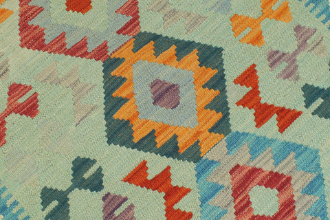 handmade Geometric Kilim Blue Beige Hand-Woven RUNNER 100% WOOL area rug 3' x 7'