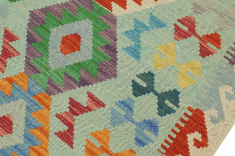 handmade Geometric Kilim Blue Beige Hand-Woven RUNNER 100% WOOL area rug 3' x 7'