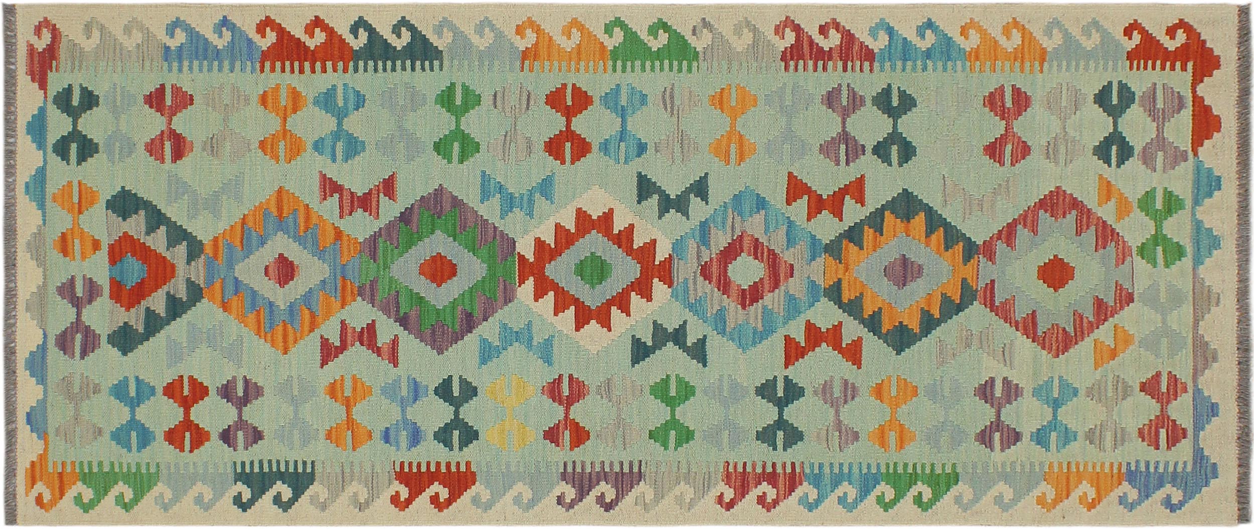 handmade Geometric Kilim Blue Beige Hand-Woven RUNNER 100% WOOL area rug 3' x 7'
