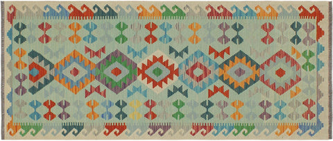 handmade Geometric Kilim Blue Beige Hand-Woven RUNNER 100% WOOL area rug 3' x 7'