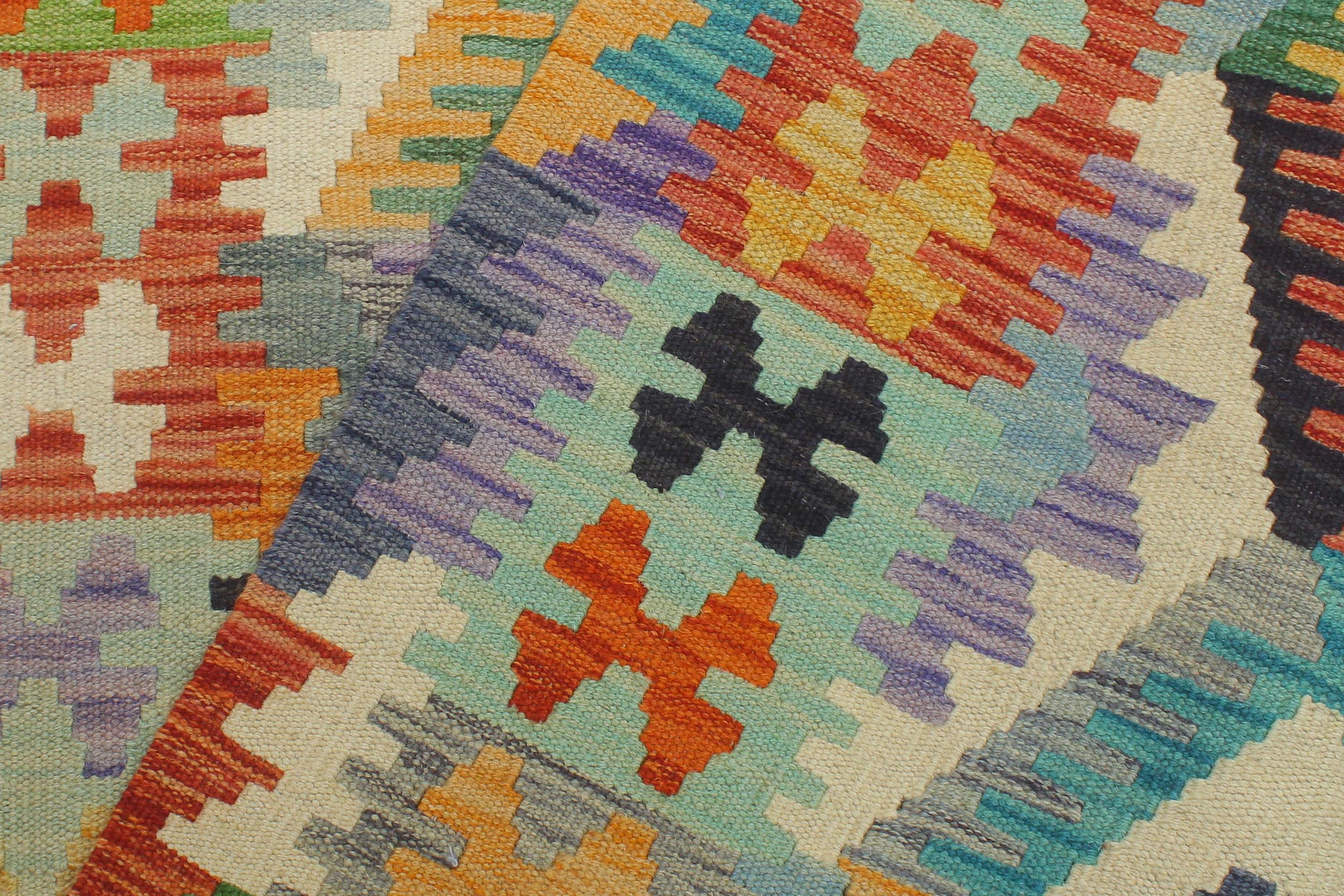 handmade Geometric Kilim Blue Gold Hand-Woven RUNNER 100% WOOL area rug 3 x 10