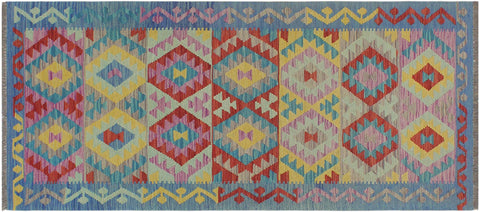 handmade Geometric Kilim Red Blue Hand-Woven RUNNER 100% WOOL area rug 3 x 6