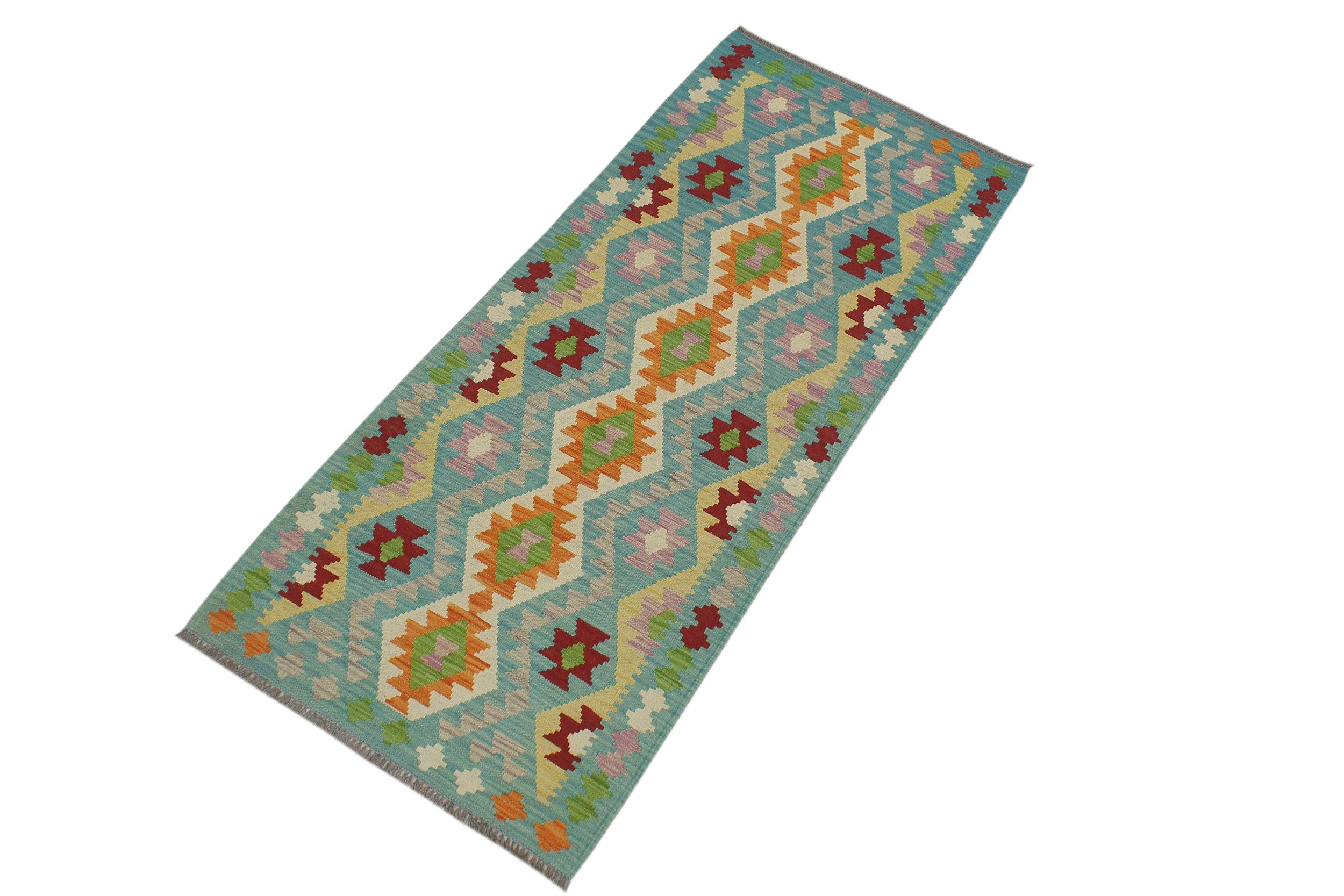 handmade Geometric Kilim Blue Red Hand-Woven RUNNER 100% WOOL area rug 3' x 6'