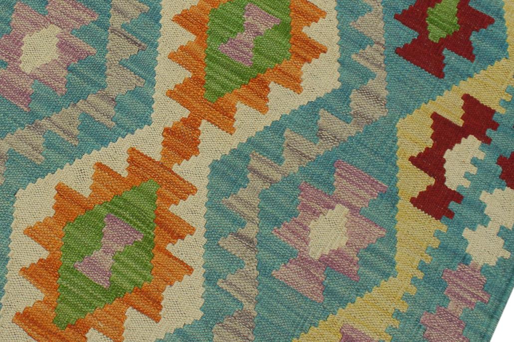 Flat Weave Kilim Antique Navaho Vintage handmade Geometric Kilim Blue Red Hand-Woven Runner 100% Wool Area Rug 3x6 