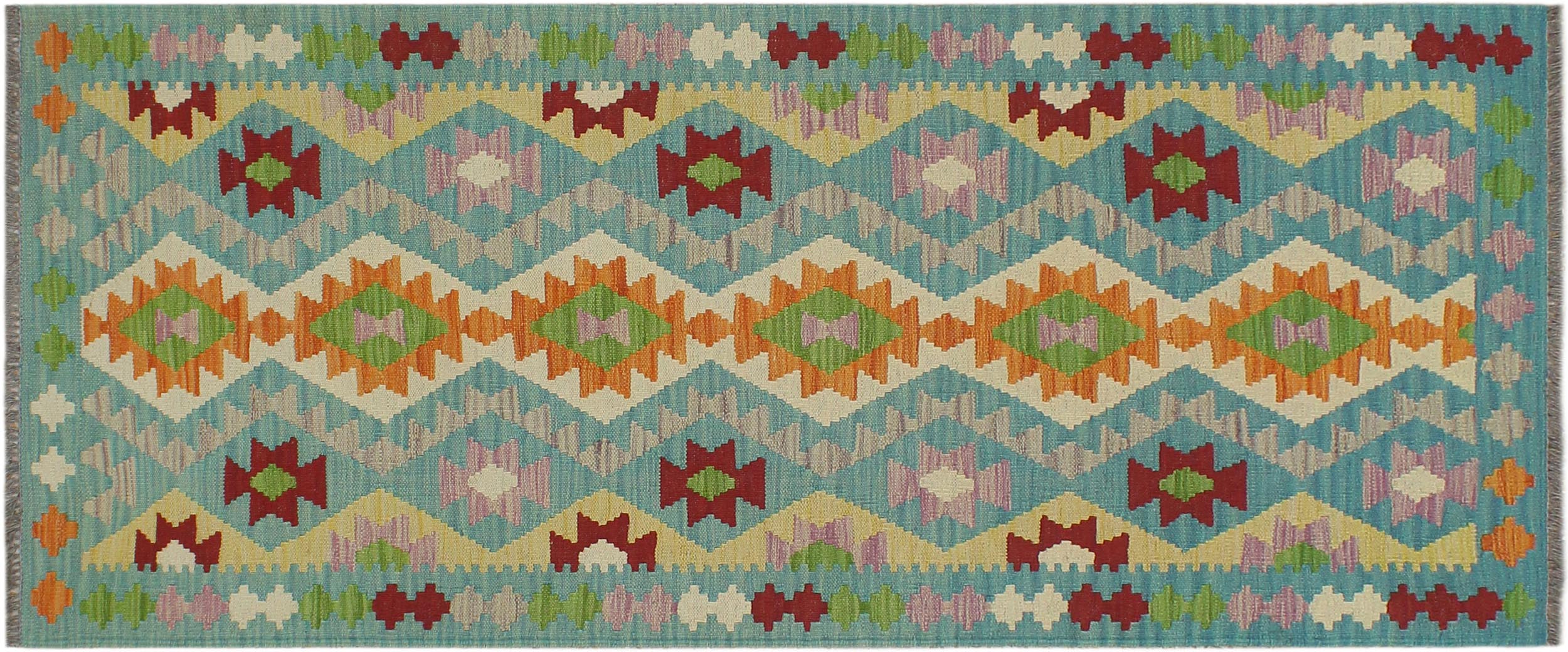 handmade Geometric Kilim Blue Red Hand-Woven RUNNER 100% WOOL area rug 3' x 6'