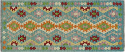 handmade Geometric Kilim Blue Red Hand-Woven RUNNER 100% WOOL area rug 3' x 6'