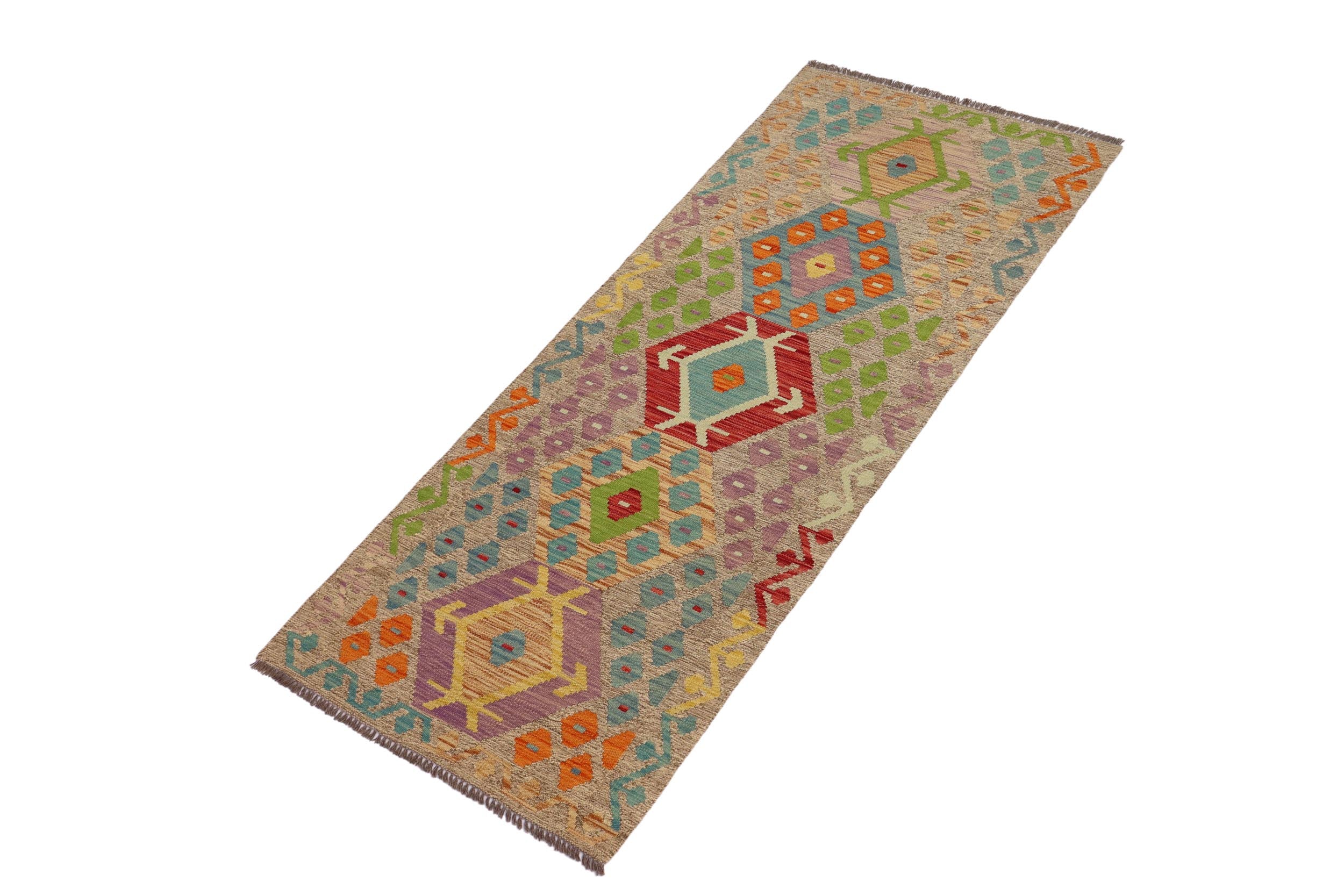 handmade Geometric Kilim Brown Blue Hand-Woven RUNNER 100% WOOL area rug 3' x 6'