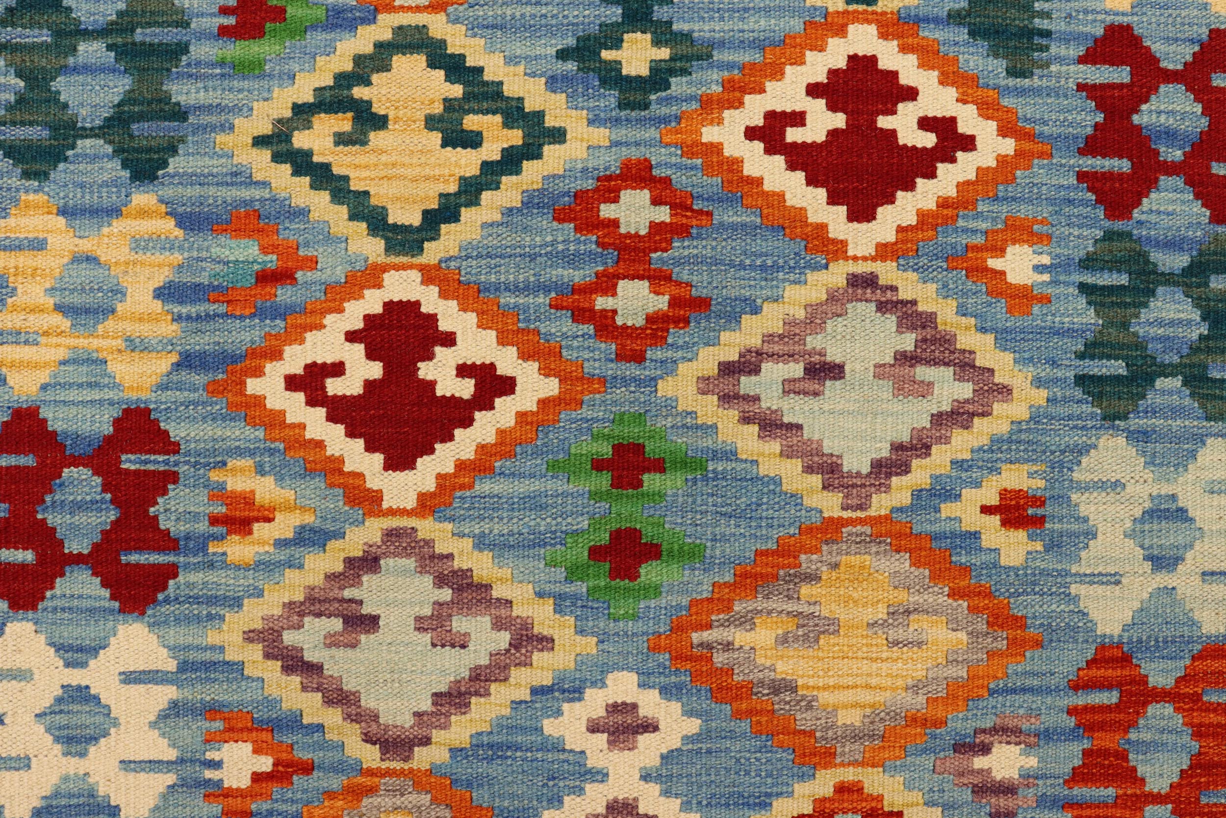 handmade Geometric Kilim Blue Rust Hand-Woven RUNNER 100% WOOL area rug 3 x 7