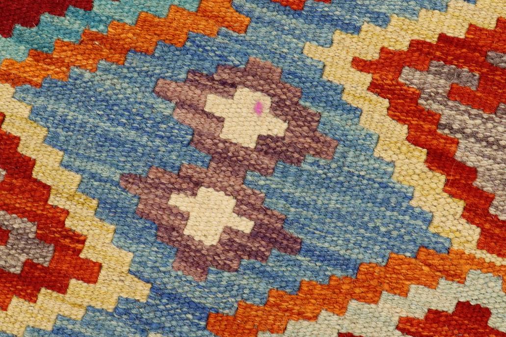 Flat Weave Kilim Antique Navaho Vintage handmade Geometric Kilim Blue Rust Hand-Woven Runner 100% Wool Area Rug 3x7 