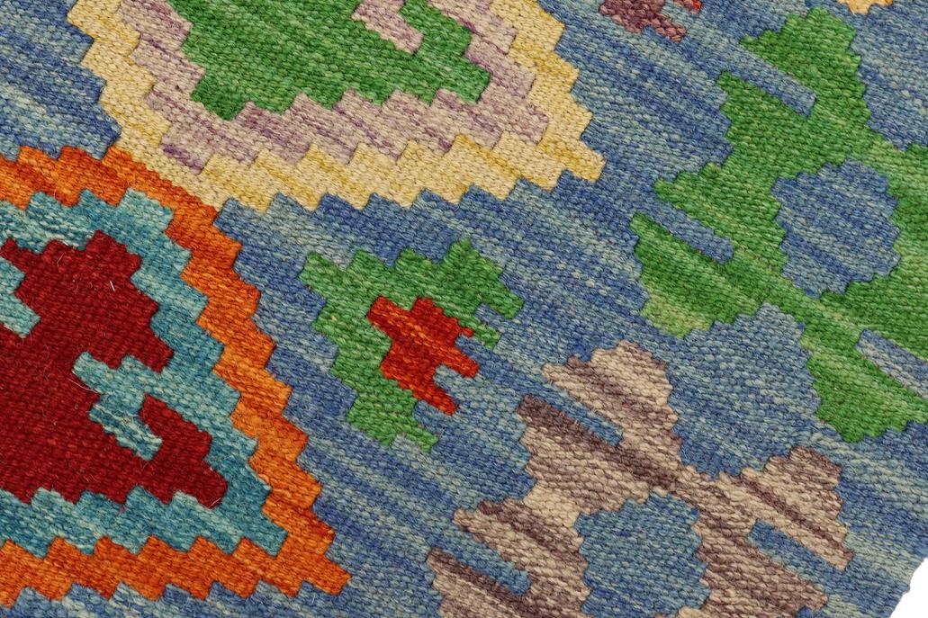 Flat Weave Kilim Antique Navaho Vintage handmade Geometric Kilim Blue Rust Hand-Woven Runner 100% Wool Area Rug 3x7 