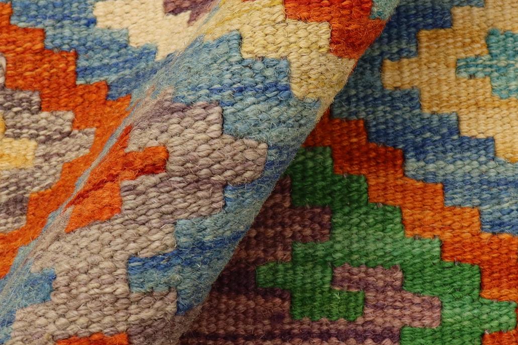 Flat Weave Kilim Antique Navaho Vintage handmade Geometric Kilim Blue Rust Hand-Woven Runner 100% Wool Area Rug 3x7 