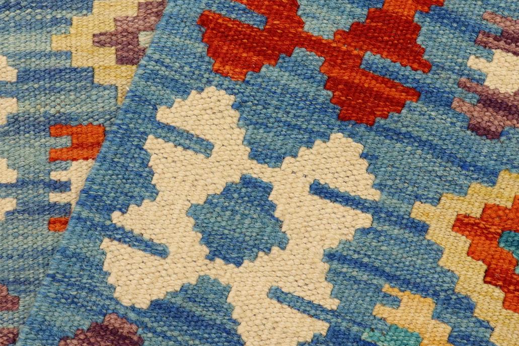 Flat Weave Kilim Antique Navaho Vintage handmade Geometric Kilim Blue Rust Hand-Woven Runner 100% Wool Area Rug 3x7 