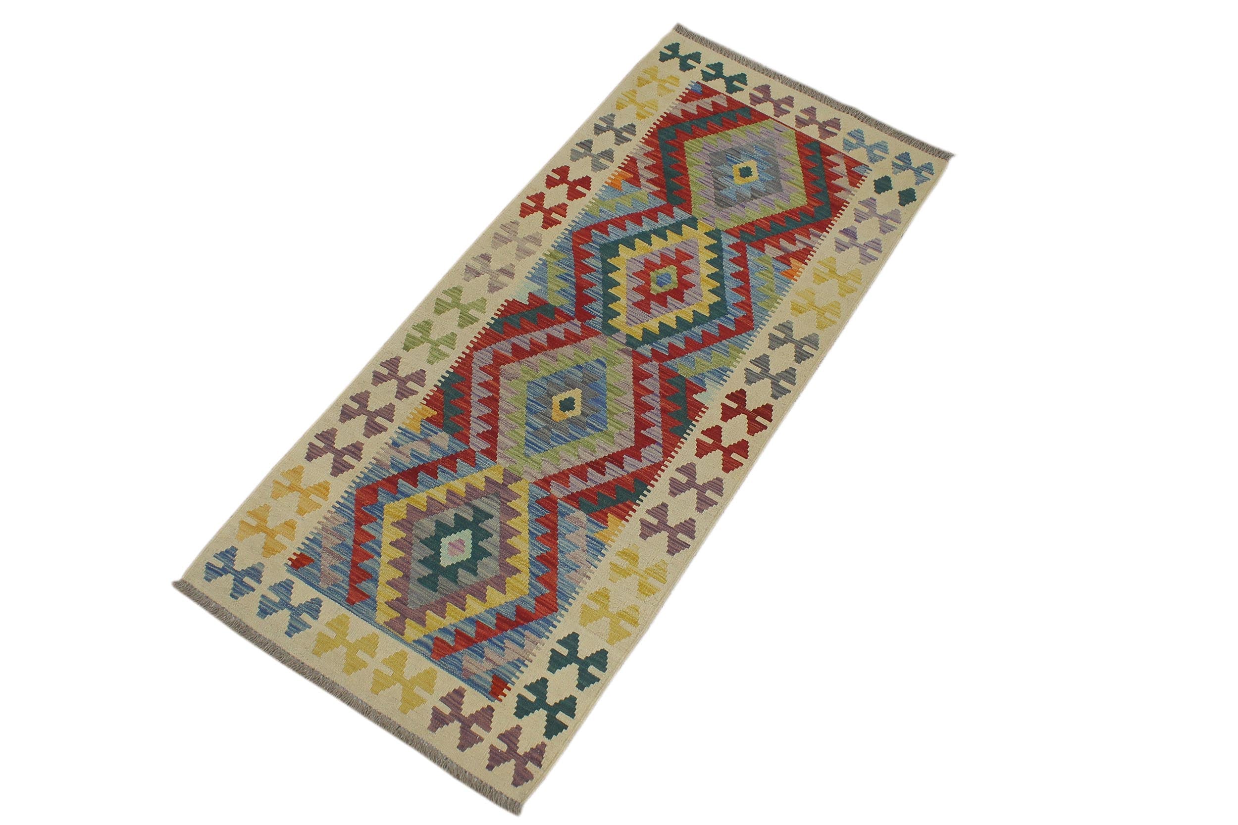 handmade Geometric Kilim Blue Beige Hand-Woven RUNNER 100% WOOL area rug 3' x 6'
