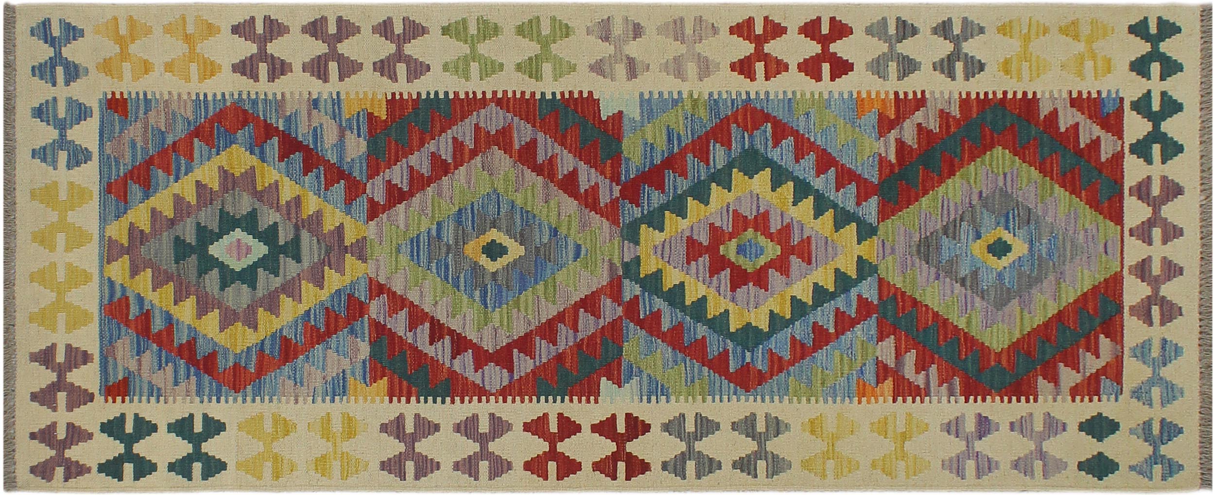 handmade Geometric Kilim Blue Beige Hand-Woven RUNNER 100% WOOL area rug 3' x 6'
