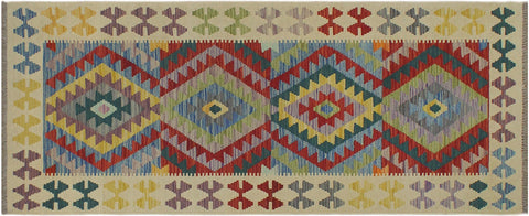 handmade Geometric Kilim Blue Beige Hand-Woven RUNNER 100% WOOL area rug 3' x 6'
