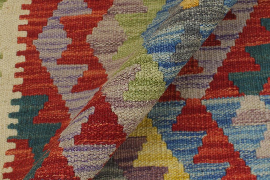 Flat Weave Kilim Antique Navaho Vintage handmade Geometric Kilim Blue Beige Hand-Woven Runner 100% Wool Area Rug 3x6 