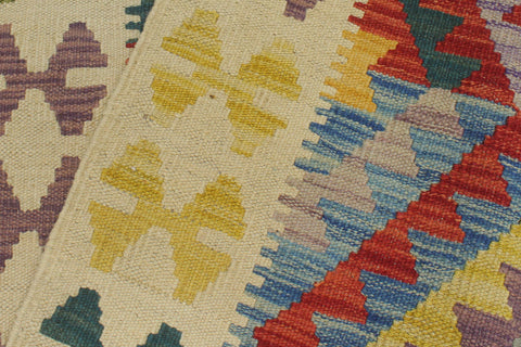 handmade Geometric Kilim Blue Beige Hand-Woven RUNNER 100% WOOL area rug 3' x 6'