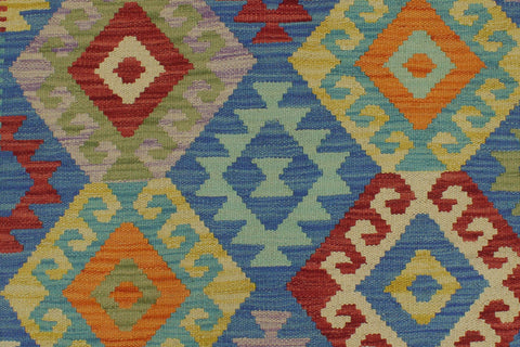 handmade Geometric Kilim Blue Orange Hand-Woven RUNNER 100% WOOL area rug 3 x 7