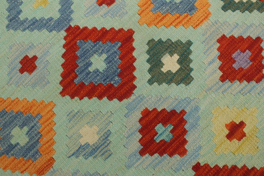 Flat Weave Kilim Antique Navaho Vintage handmade Geometric Kilim Blue Rust Hand-Woven Runner 100% Wool Area Rug 3x10 
