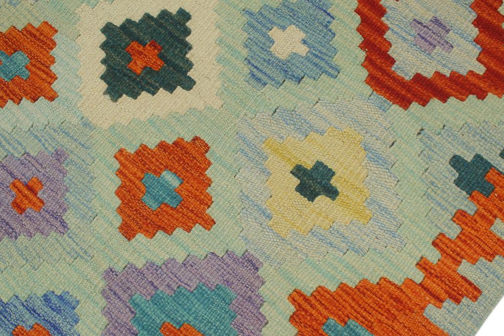 Flat Weave Kilim Antique Navaho Vintage handmade Geometric Kilim Blue Rust Hand-Woven Runner 100% Wool Area Rug 3x10 