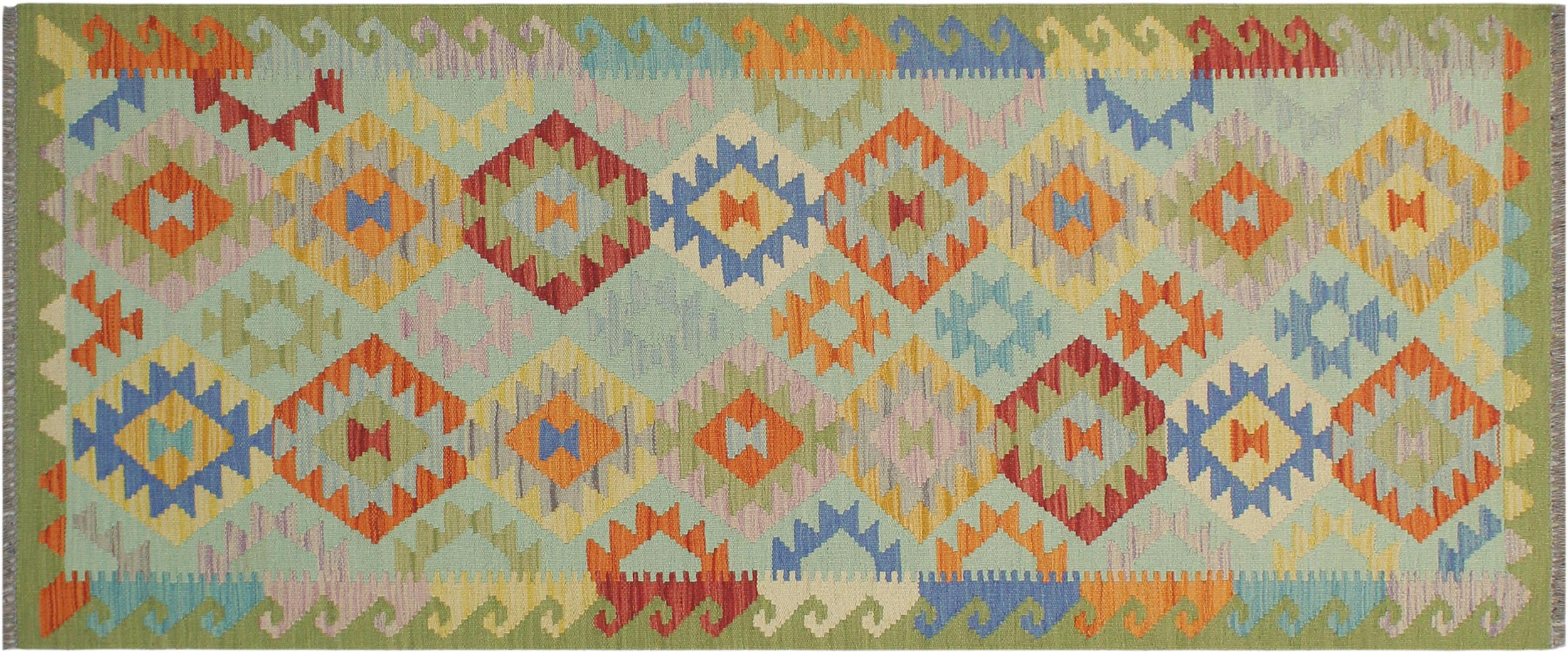 handmade Geometric Kilim Blue Green Hand-Woven RUNNER 100% WOOL area rug 3 x 7