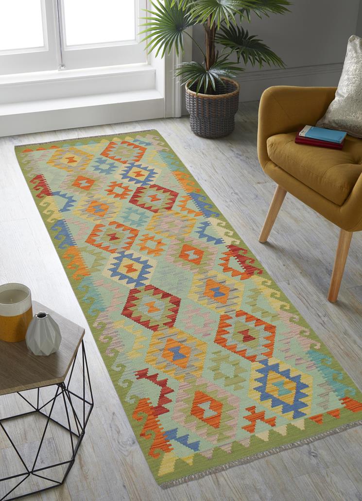 Flat Weave Kilim Antique Navaho Vintage handmade Geometric Kilim Blue Green Hand-Woven Runner 100% Wool Area Rug 3x7 