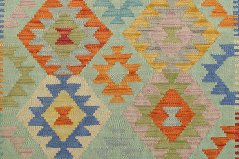 handmade Geometric Kilim Blue Green Hand-Woven RUNNER 100% WOOL area rug 3 x 7