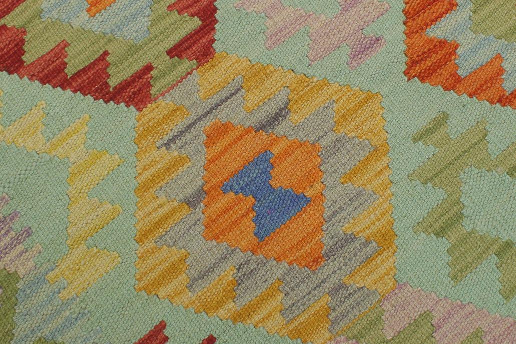 Flat Weave Kilim Antique Navaho Vintage handmade Geometric Kilim Blue Green Hand-Woven Runner 100% Wool Area Rug 3x7 