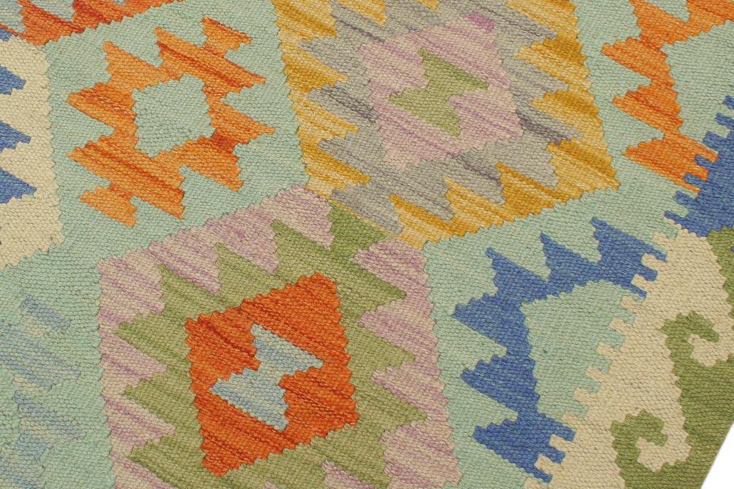 Flat Weave Kilim Antique Navaho Vintage handmade Geometric Kilim Blue Green Hand-Woven Runner 100% Wool Area Rug 3x7 