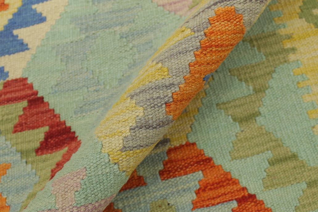 Flat Weave Kilim Antique Navaho Vintage handmade Geometric Kilim Blue Green Hand-Woven Runner 100% Wool Area Rug 3x7 