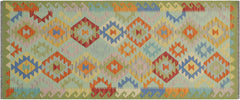 Flat Weave Kilim Antique Navaho Vintage handmade Geometric Kilim Blue Green Hand-Woven Runner 100% Wool Area Rug 3x7 