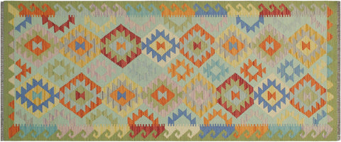 handmade Geometric Kilim Blue Green Hand-Woven RUNNER 100% WOOL area rug 3 x 7