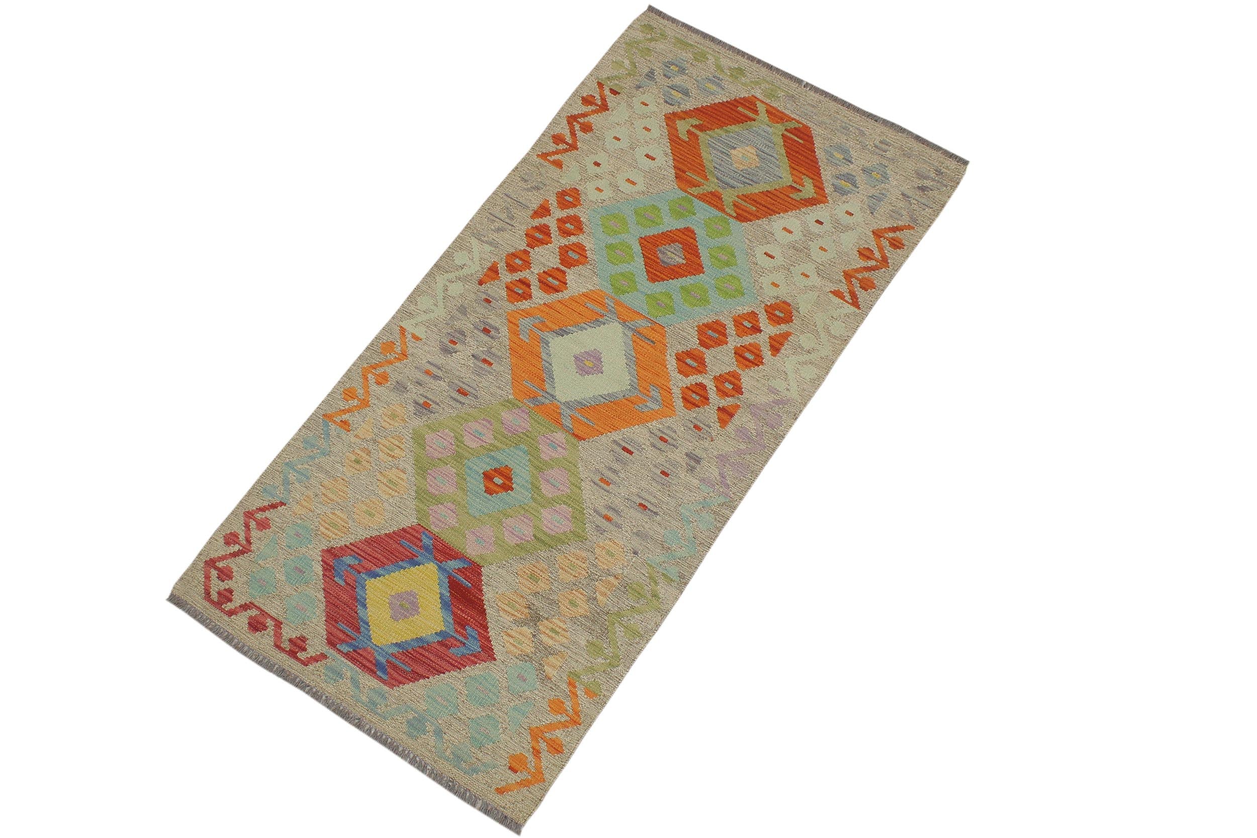 handmade Geometric Kilim Brown Red Hand-Woven RUNNER 100% WOOL area rug 3' x 6'