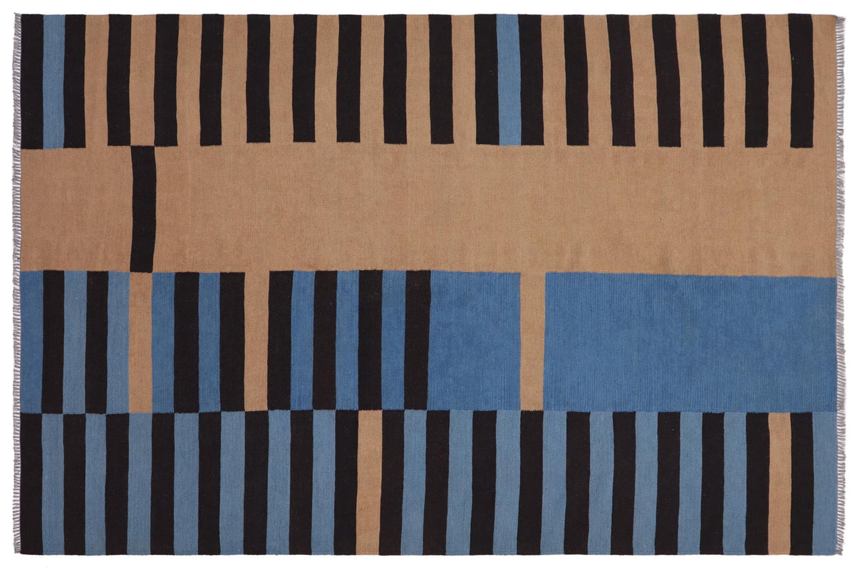 6x8 hand woven Turkish Modern Kilim wool rug in blue and brown - Turkish Bohemian Philip