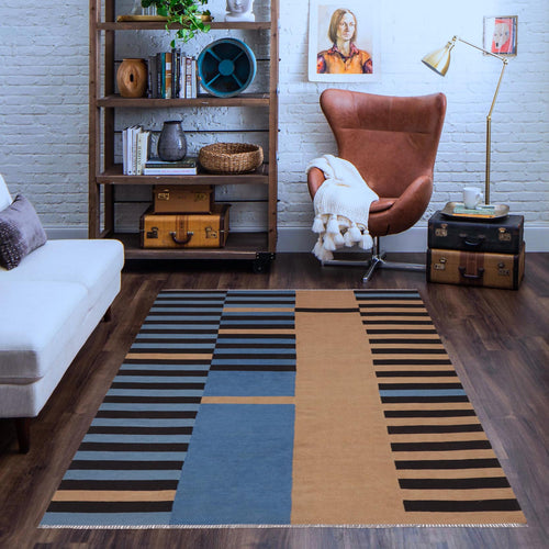 handmade Modern Kilim Blue Brown Hand-Woven RECTANGLE 100% WOOL area rug 6x8